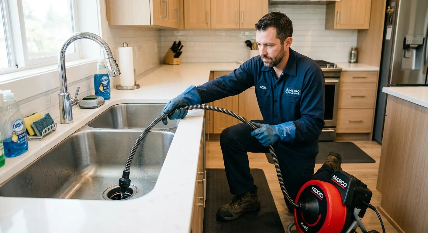 Drain cleaning technician using a motorized snake on a kitchen sink in Kenton