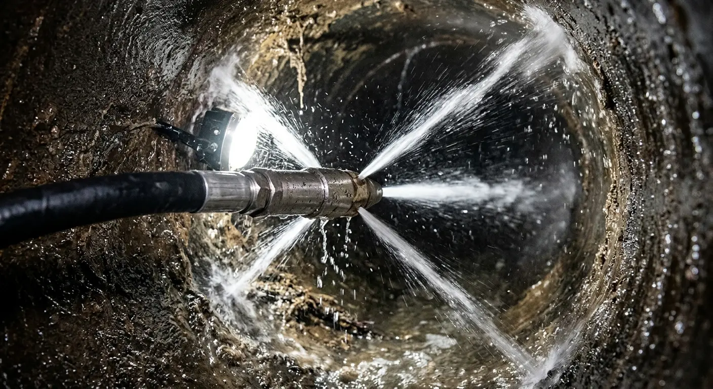 High-pressure hydro jetting nozzle cleaning sewer pipe for Emergency Drain Service in Kenton