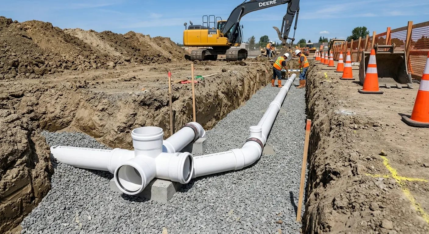 New PVC sewer pipe installation in open trench for Commercial Drain Cleaning in Kenton