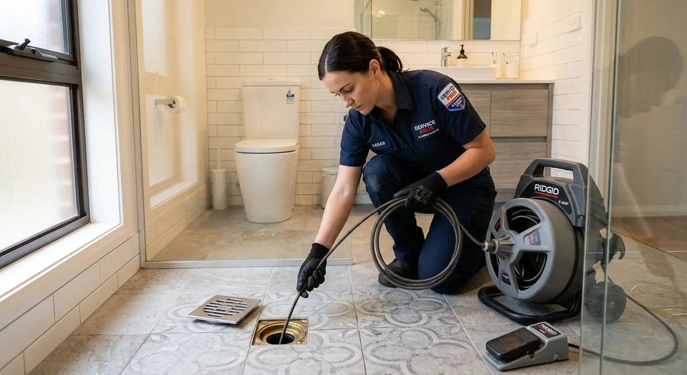 Technician clearing a bathroom floor drain for Drain Repair in Kenton